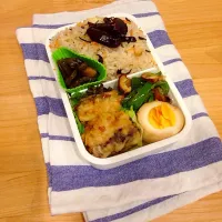 Snapdishの料理写真:椎茸の肉詰め天ぷら、味玉、ピーマンと椎茸、ひじきご飯弁当|Midoriさん