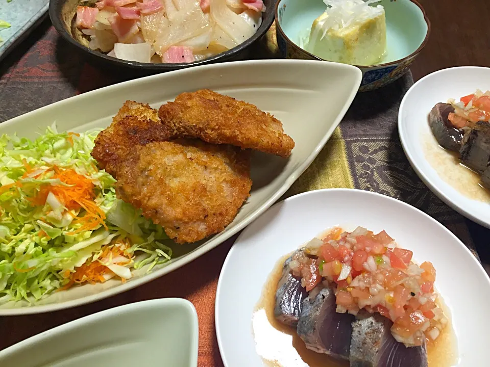 とんかつ・鰹たたき・揚げだし豆腐・大根ベーコンの胡麻油炒め|Yuko Kisoさん