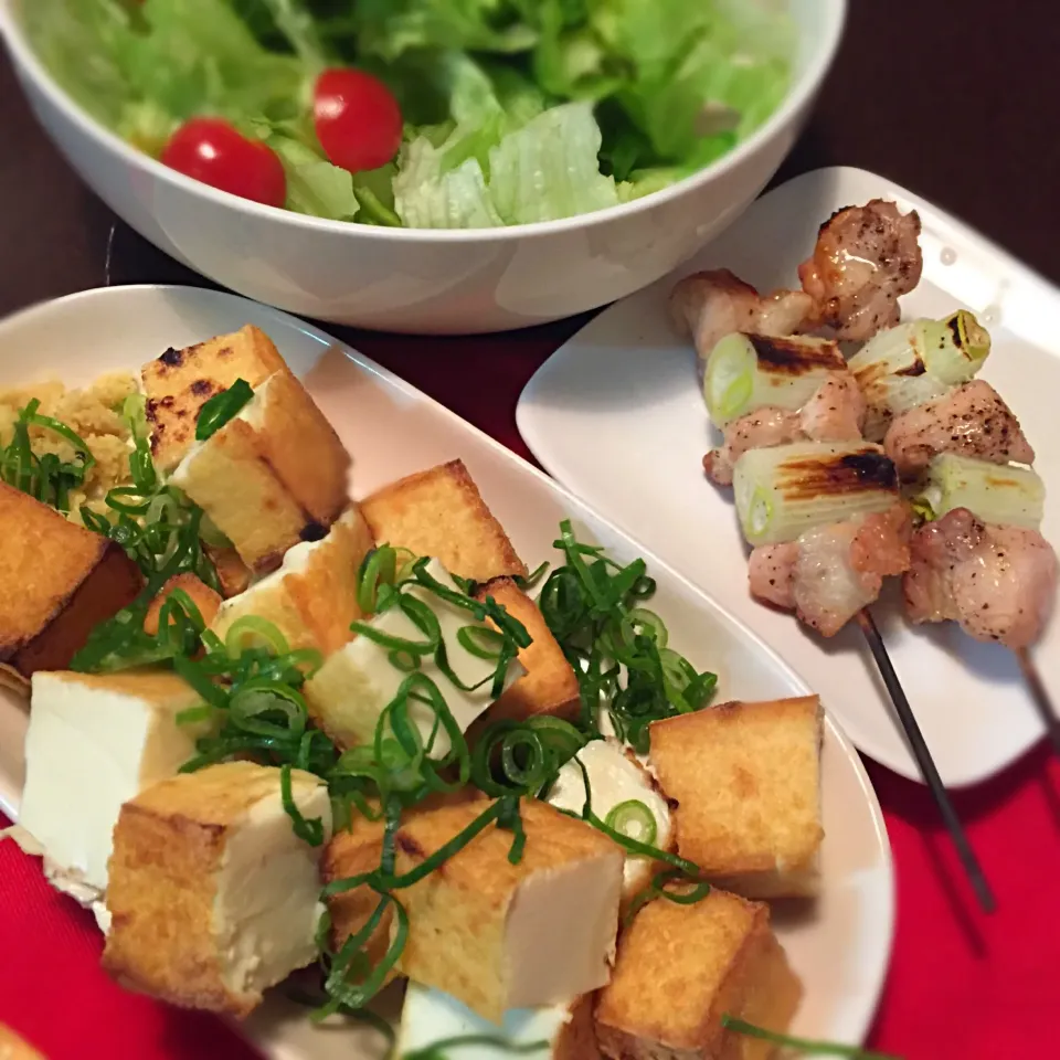 厚揚げ、焼き鳥、サラダ|純さん