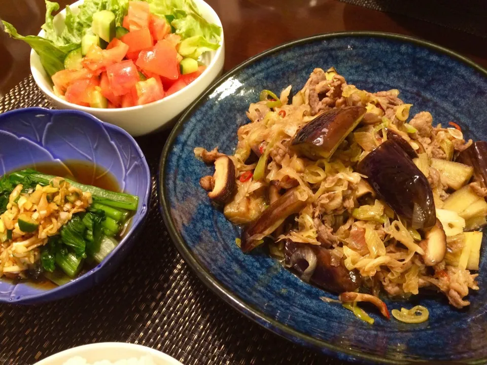 茄子と牛肉の黒酢炒め、小松菜おひたし薬味醤油かけ、トマトサラダ黒酢ドレッシング|Jun  Sakamotoさん