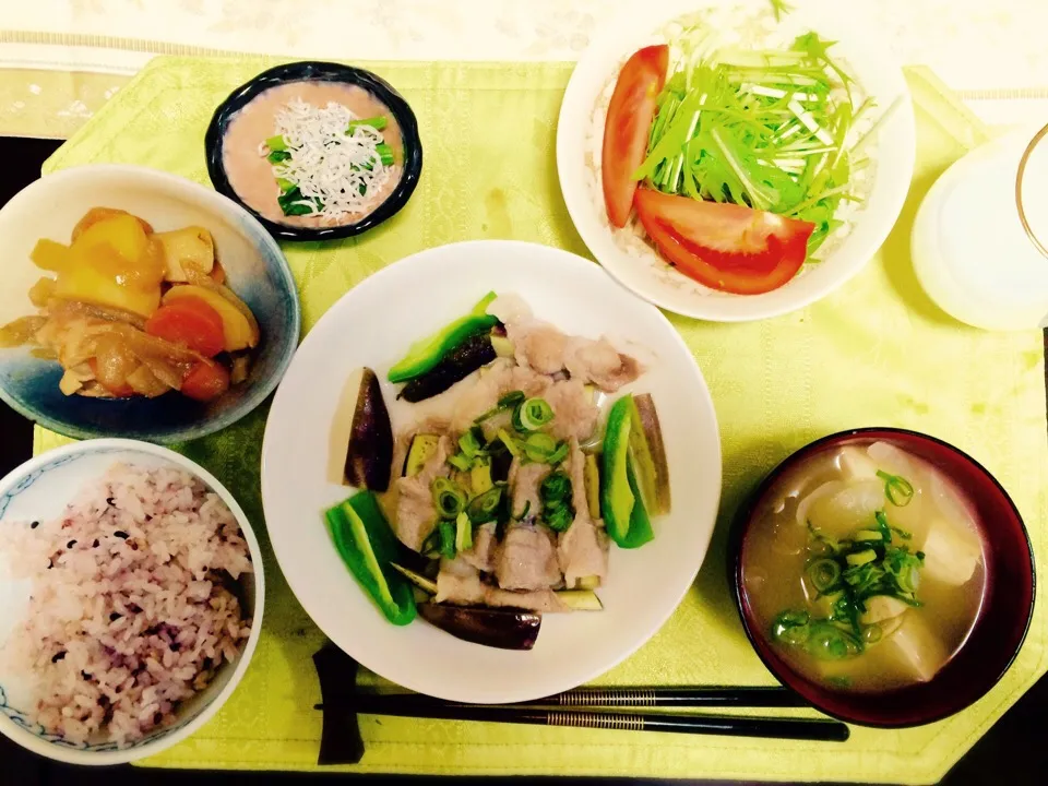 ナスの豚肉巻き 肉じゃが じゃことほうれん草 野菜サラダ 玉ねぎの味噌汁|まりさん