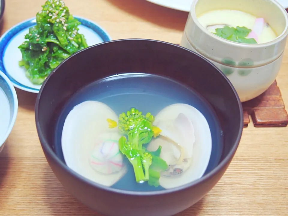 Snapdishの料理写真:❁﻿はまぐりのお吸い物 
❁﻿菜の花のゼリー寄せ
❁﻿茶碗蒸し|はらぺこあゆむし◡̈さん