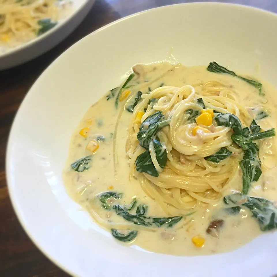 畑で採れたほうれん草の救済🚑
ほうれん草とツナのクリームパスタ😋|いしくん。（たまご王子🥚🐣🐥🐔）さん