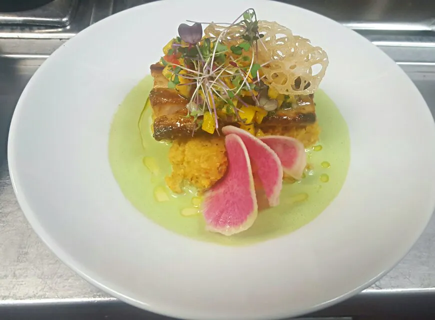 grilled Mahi,cilantro rum coconut sauce,topped with mango salsa..garnished with watermelon radish and fried lotus root|chef Charlesさん