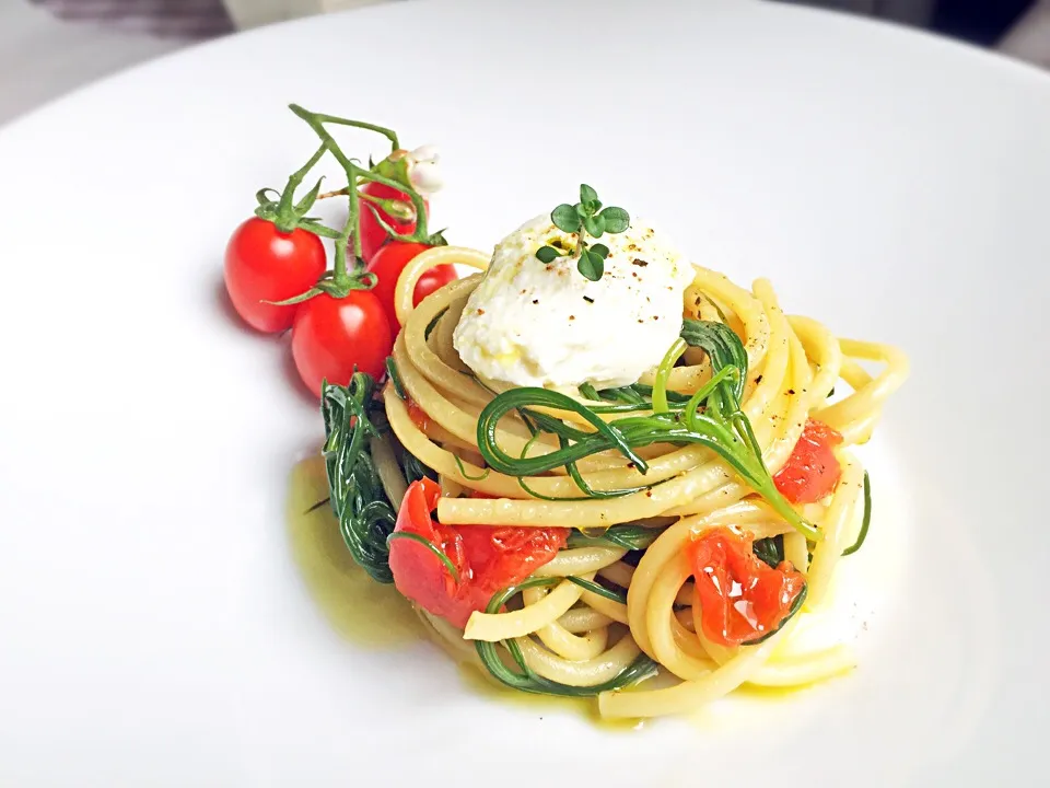 Bucatini pasta with sauted Agretti and ricotta cheese|laura giardinaさん