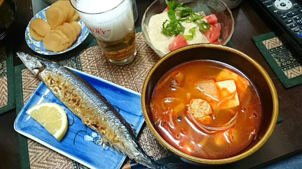 長芋とトマトのごま和え＆秋刀魚の塩焼き＆キムチスープ|まぐろさん