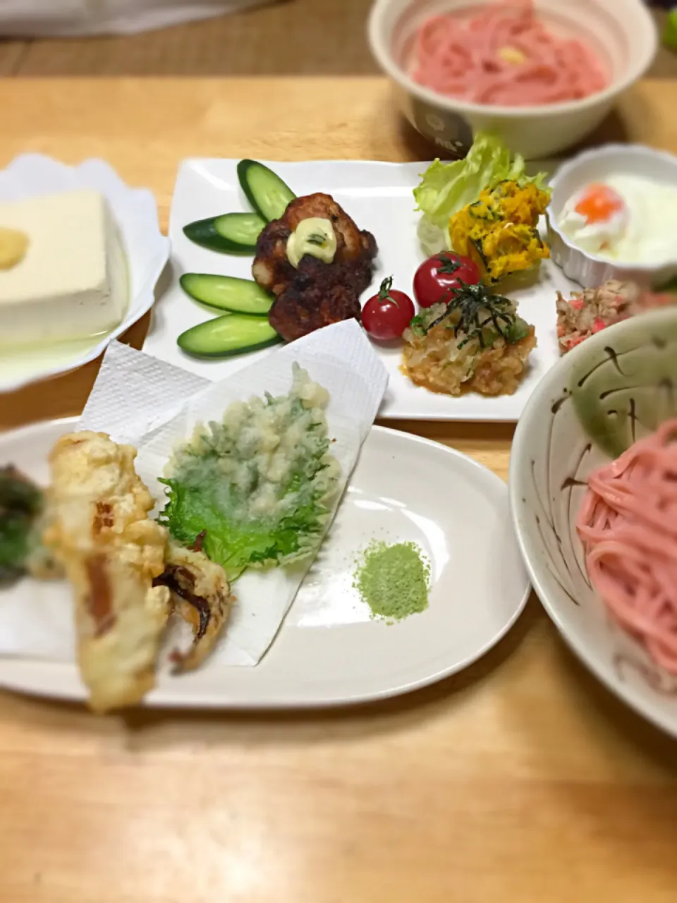 Snapdishの料理写真:下仁田ネギの天ぷら、浅漬けの素でチキン南蛮、桜うどん|ミカさん