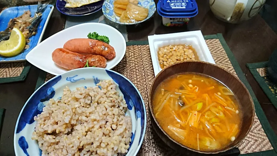 Snapdishの料理写真:納豆&ウインナーソーセージ&えのきのキムチスープ|まぐろさん