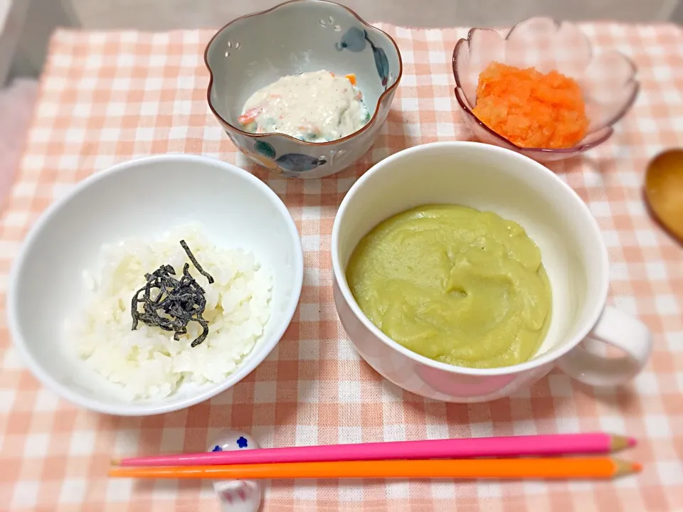 断食後の回復食＊3日目朝ごはん＊

🔸七分粥（塩こんぶ）
🔸サツマイモと豆乳のポタージュ
🔸小松菜の白和え
🔸にんじんとリンゴのすりおろし|はるかさん