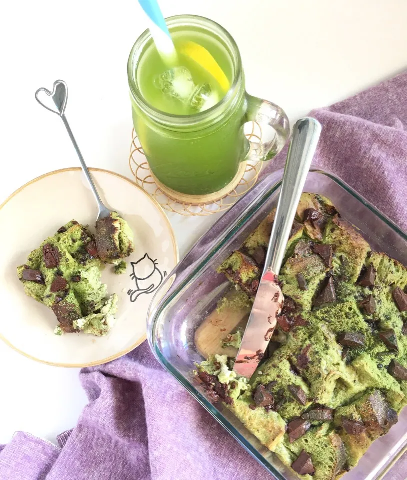 Matcha bread pudding, iced matcha|coxiella24さん