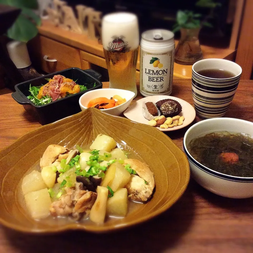 にんにく塩味の鶏肉と大根の煮物、生ハムとポンカンの粒マスタードマリネと水菜のサラダ 2016.3.6|キラ姫さん