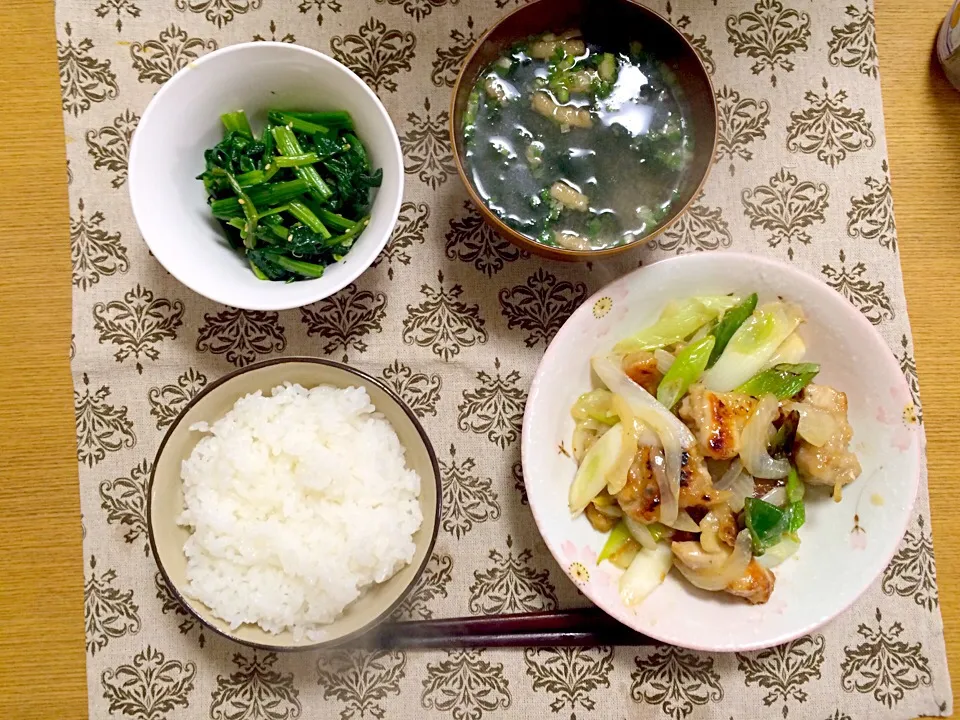 鶏のマヨポン炒め、ほうれん草、ナムル、味噌汁|sayuさん