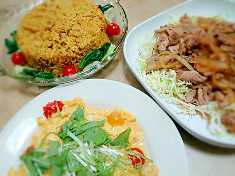 本日の夕飯🌃🍴 ドライカレー。しょうが焼き。卵とトマト炒め|abekoさん