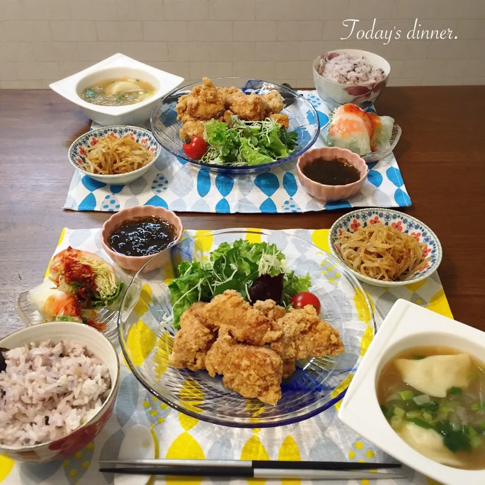 唐揚げ ナムル 生春巻き 餃子スープ|fleur ❁︎⑅*さん