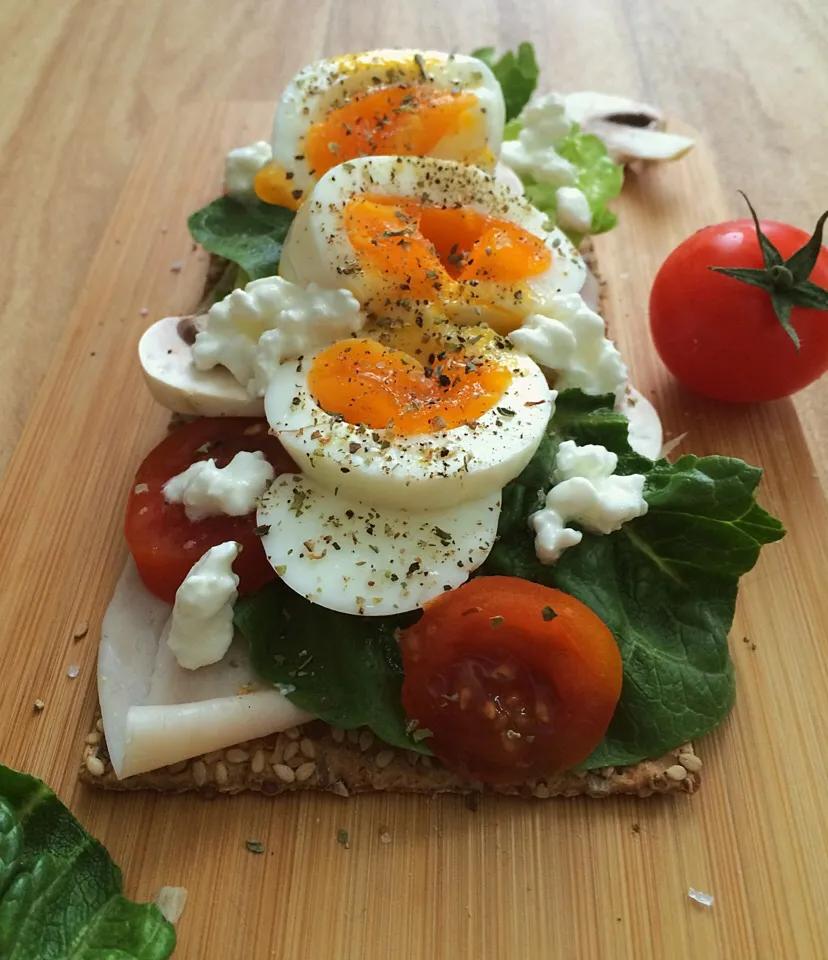 Chicken, cottage cheese, lettuce, tomatoes, mushrooms, boiled egg + salt, pepper and Italian spices 👍|CatzeMDさん