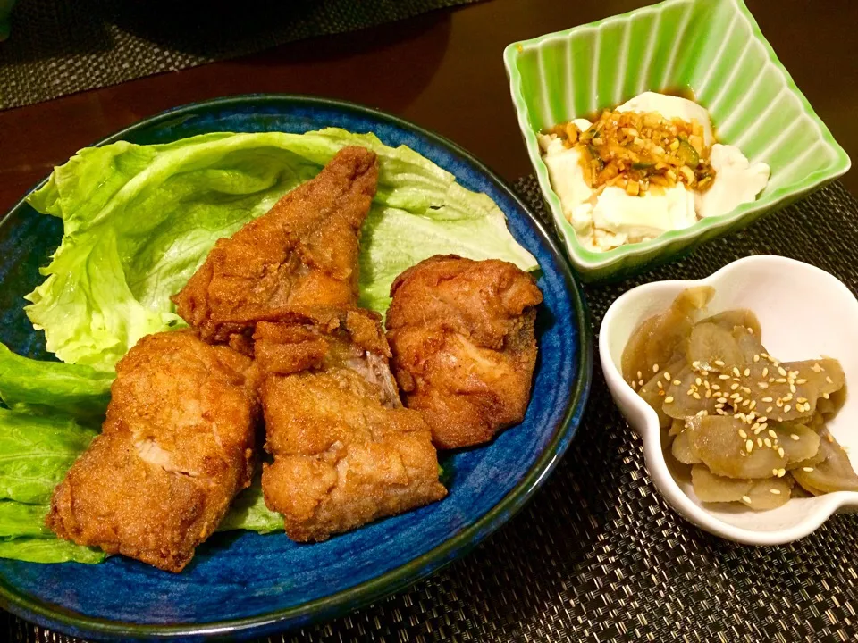 鯖の中華風香り揚げ、ごぼうの甘辛煮、薬味醤油冷や奴|Jun  Sakamotoさん