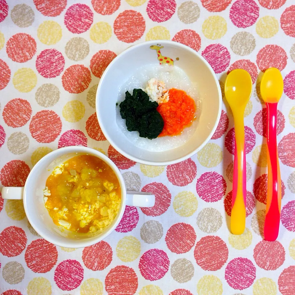 鯛とパプリカ・ほうれん草のお粥、かぼちゃさつまいも豆腐|yocco-babyfoodさん