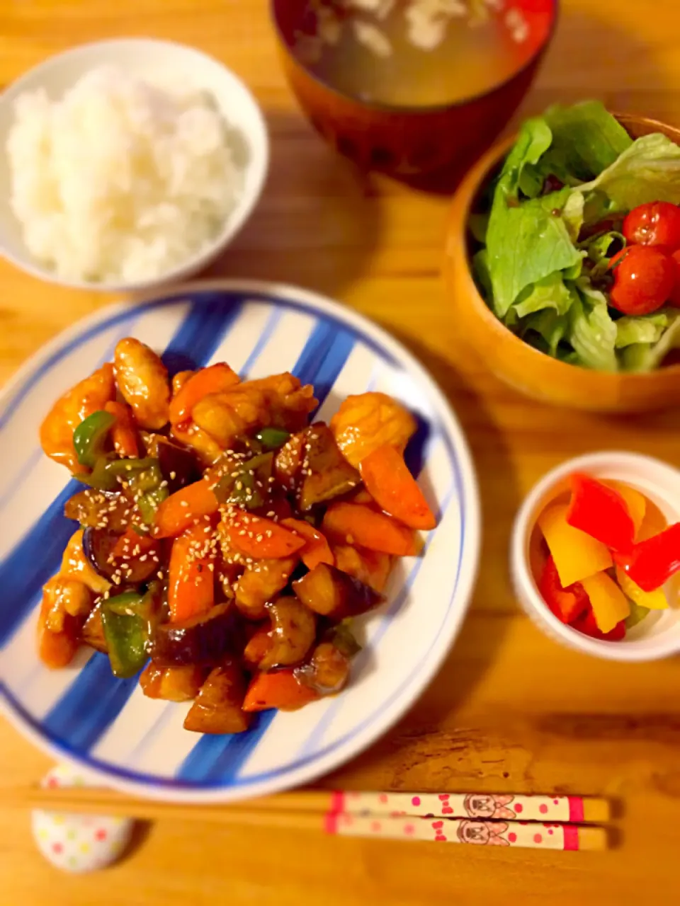 なすピーマン鶏胸肉の甘酢あんかけ|うーろんさん