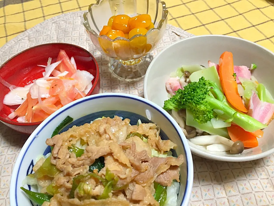 スタ丼・野菜ソテー・白玉ねぎとトマトのマリネ・きんかん甘露煮|Yuko Kisoさん