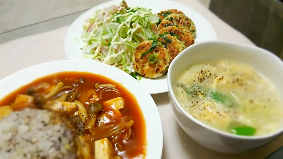 豆腐&切り干し大根の鶏ﾑﾈつくね～
と、
麻婆丼みたいだけどﾊﾔｼﾗｲｽ～
の晩ごはん✨|kaz(*･ω･)さん