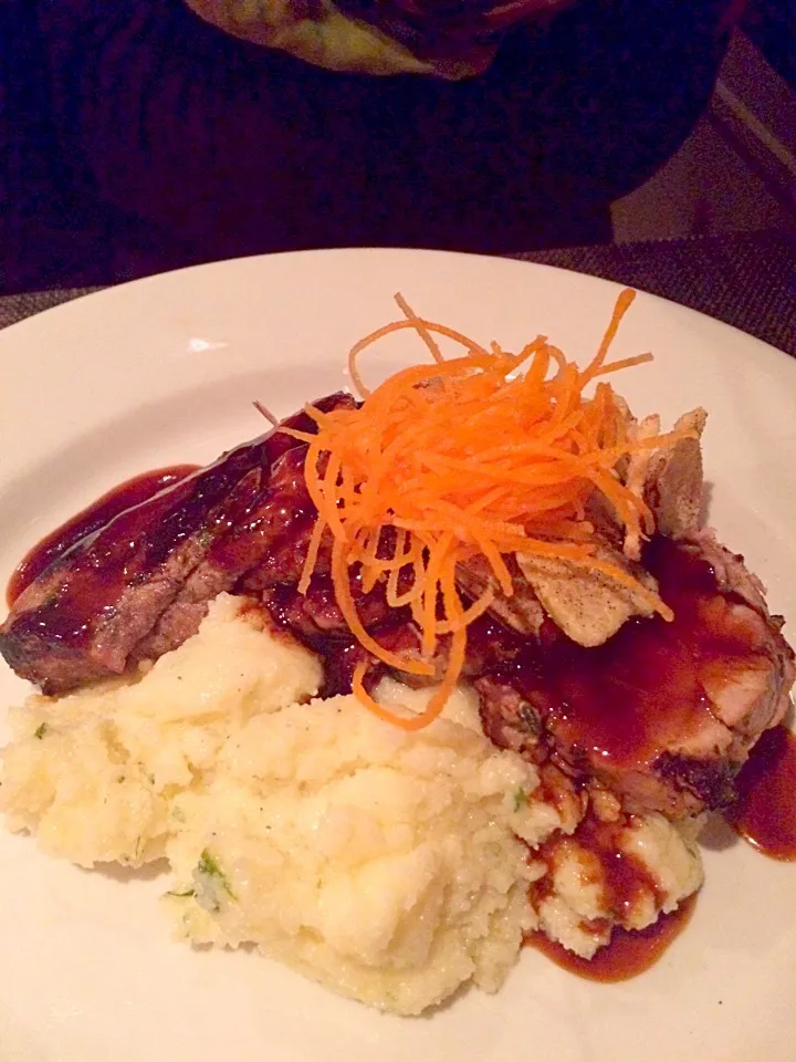 Grilled pork with apple Demi glaze with red cabbage and polenta @ Henry's at Buttermilk Falls 3/10/16|Morcone Girlsさん