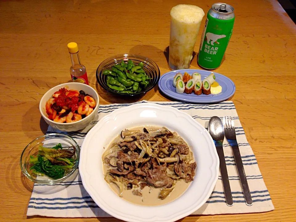 牛肉とキノコのクリーム煮、シーフードトマト煮、枝豆ペペロンチーノ|Mikiさん