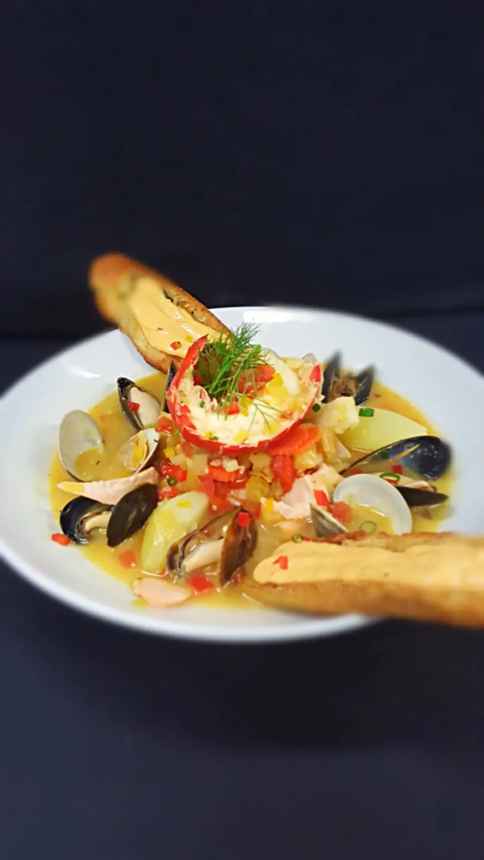 Seafood Bouillabasse:
Seafood stew of fresh salmon, cod, shrimp, mussels clams , lobster, and vegetables in saffron broth.  Served with garlic crouton and red p|Greg Keatingさん