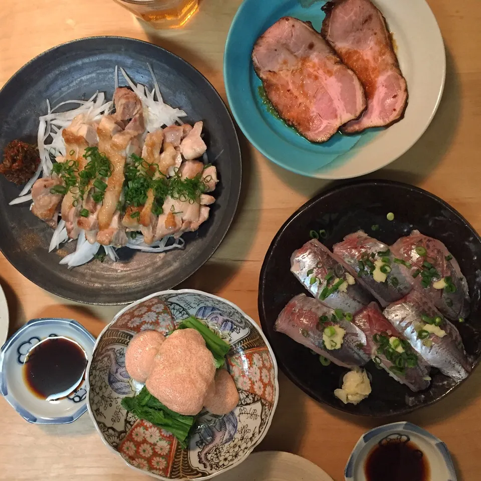 鶏もも肉塩焼き生七味、ローストポーク、菜の花タラコマヨ、鯵のお寿司|maruruさん