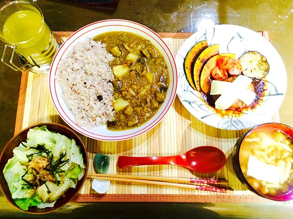 和風カレー定食風 with グリル野菜とチーズデミグラスソースハンバーグ|あやさん