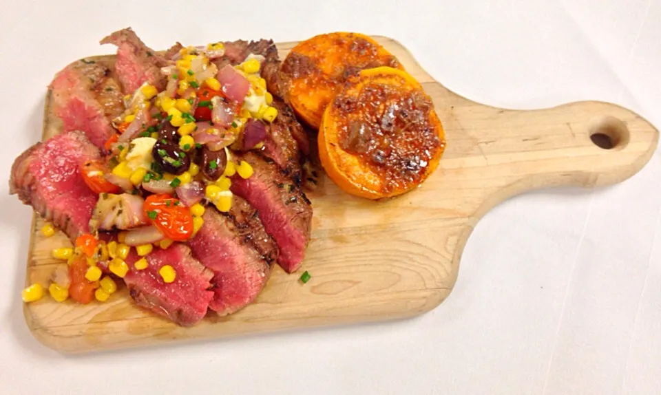 Grilled flank steak with candied sweet potatoes; tomato corn relish|Chef Guidaさん