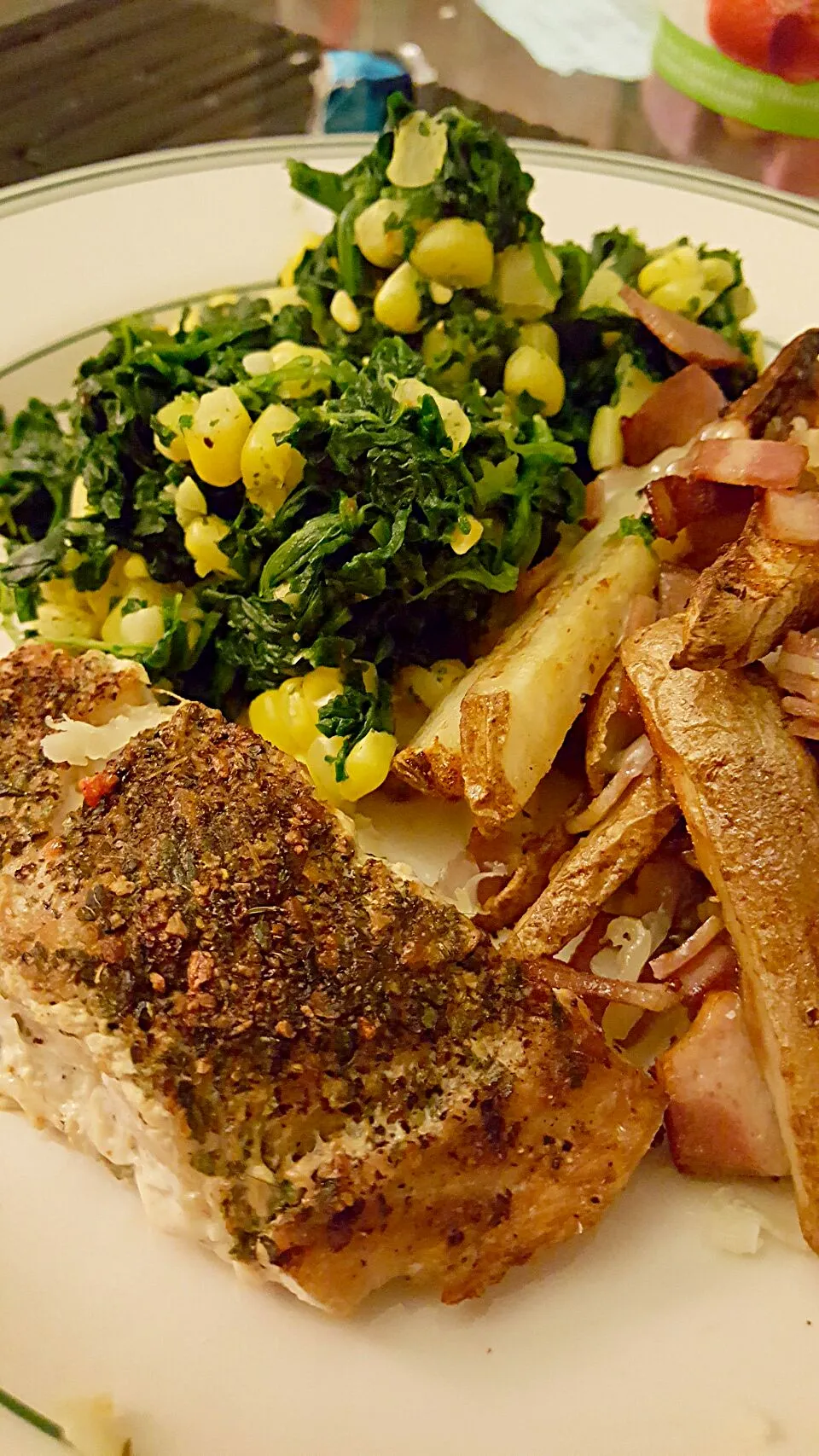 Herb Salmon with Turkey bacon fries and sauteed spinach|Rosaさん