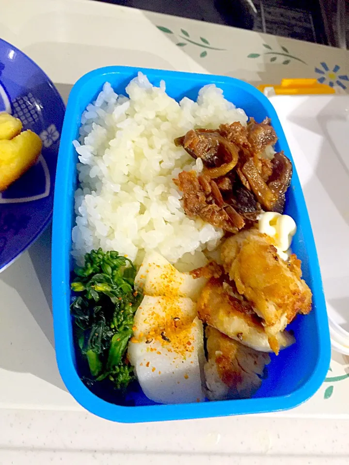 パパお弁当🍱  鶏ささみ衣つけ焼き  椎茸と小エビの佃煮  菜の花の漬物  大根の漬物|ch＊K*∀o(^^*)♪さん