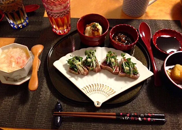 カツオと、蟹茶碗蒸し、揚げだし豆腐、ポテトサラダ。。。を食べる(◍•ᴗ•◍)❤️|💍ごはん🍚さん