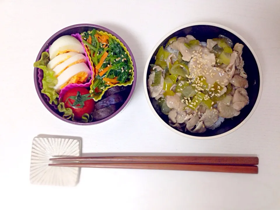 今日のお弁当 ◯塩豚丼 ◯プチトマト ◯ナムル ◯ゆで卵 ◯紅芋の甘煮|spuさん