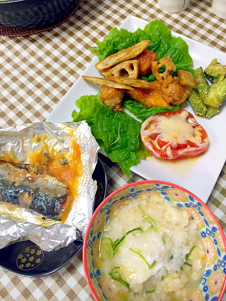 蟹雑炊🍀カボチャ、レンコン、ごぼう、鶏モモの甘辛揚げ🍀焼きチーズトマト🍀たたききゅうり🍀鯖の銀紙味噌焼き|☆光るさん