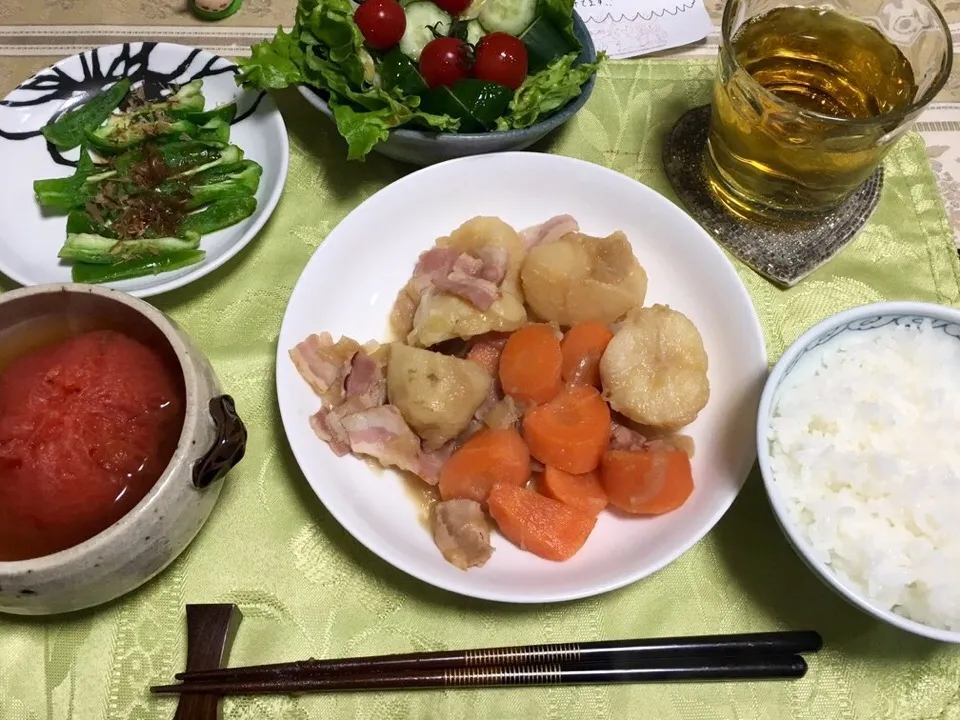 洋風肉じゃが 野菜サラダ ピーマンポン酢和え トマト丸ごとスープ|まりさん