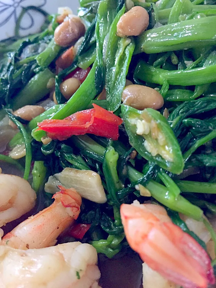 Snapdishの料理写真:Stir-fry Kangkong with preserved soybeans 🌶|Tari's Kitchenさん