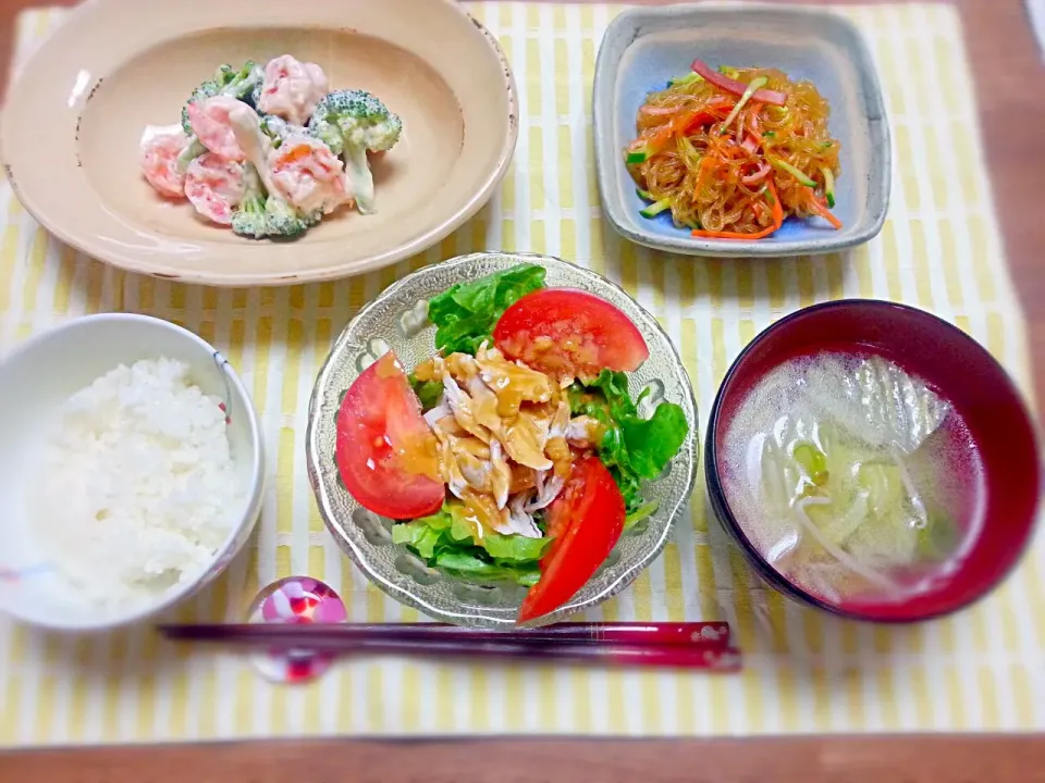 ☆エビマヨ
☆春雨サラダ
☆蒸し鶏のごまだれ
☆白菜のスープ|なべちゃんさん