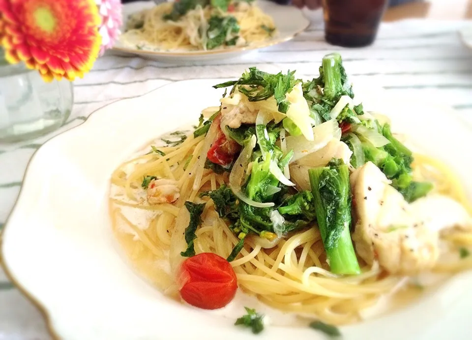 鳥ハムと菜の花のかるーいクリームパスタ|tommyさん