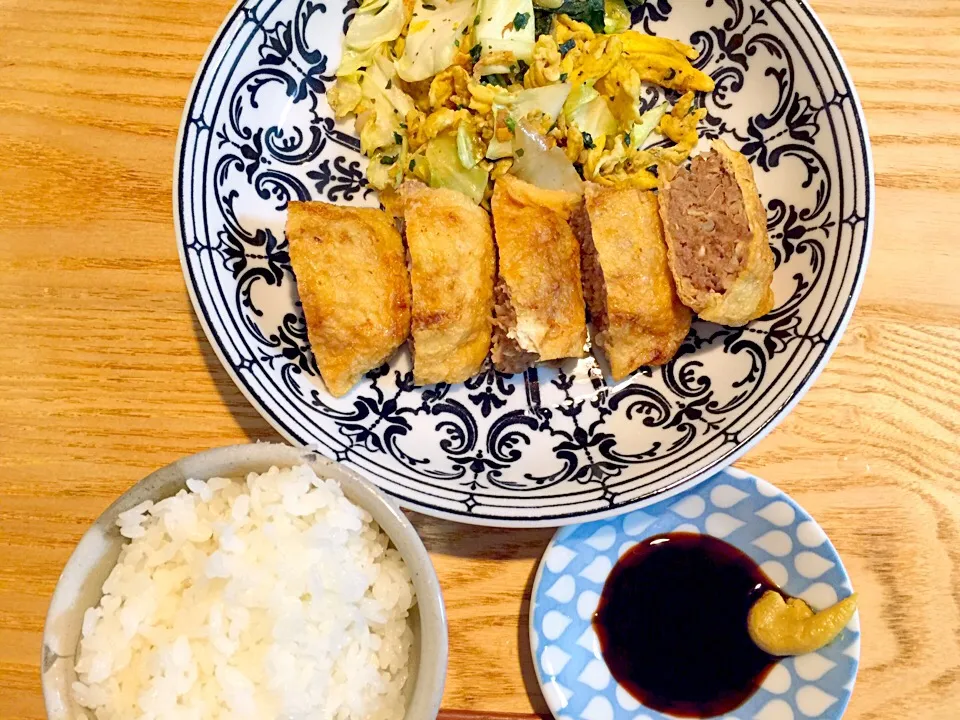 野菜と玉の炒め物&油揚げの肉挟み焼き✧*|Makiさん