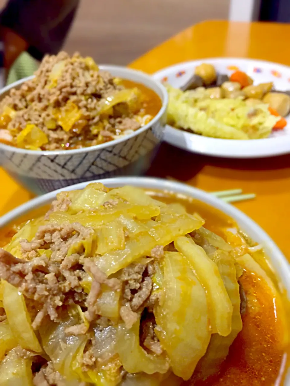 具だくさんな担々麺   里芋と人参こんにゃくの煮物  竹輪の磯辺揚げ  白身魚の天ぷら|ch＊K*∀o(^^*)♪さん