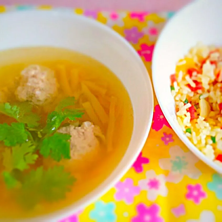 meatballs with shredded bamboo shoots in clear chicken broth n some fried rice|Chua Jeanさん