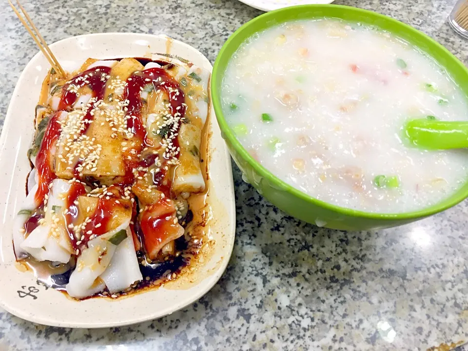 Beef congee & rice rolls|Sky Blueさん