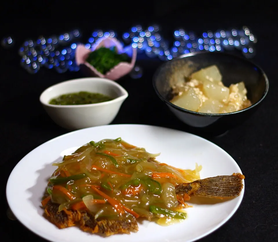 カレイの野菜餡かけ  丸大根煮  めかぶ  おかひじきのワサビ和え|Hiroshi  Kimuraさん