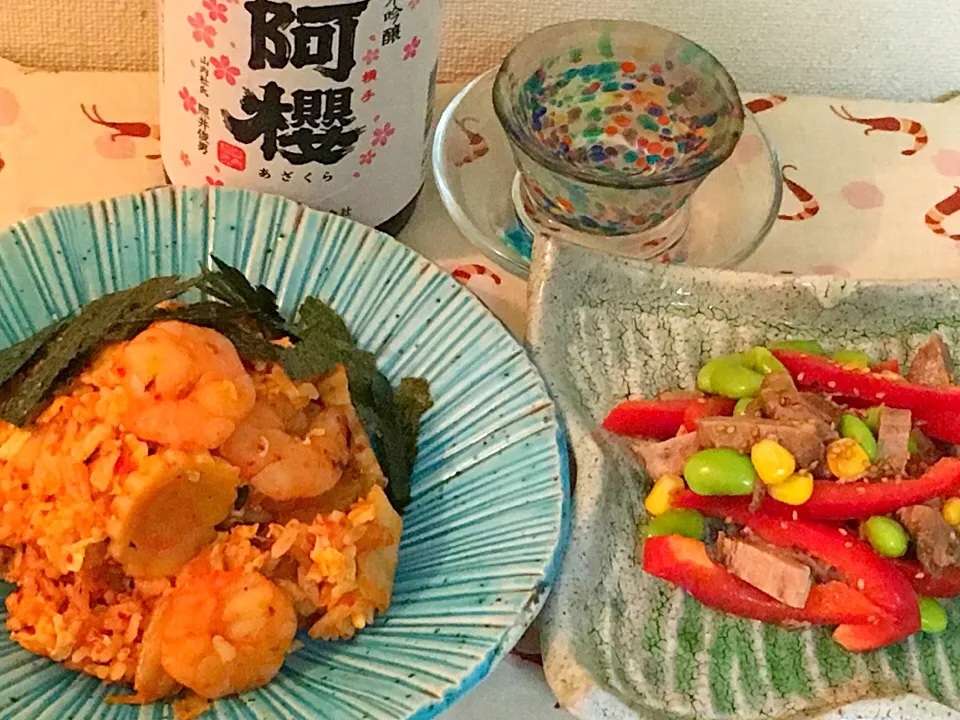 Snapdishの料理写真:海老キムチ炒飯
煮豚の彩り冷菜
阿櫻 純米吟醸|藤井裕之さん