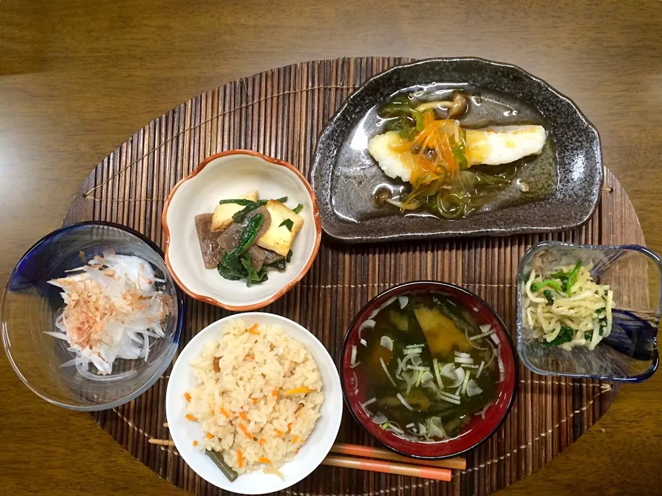 夕食＊鱈の彩り野菜あんかけ・ほうれん草と切り干し大根のごま和え・蒟蒻と厚揚げの炒め物|穂月:ほおずきさん