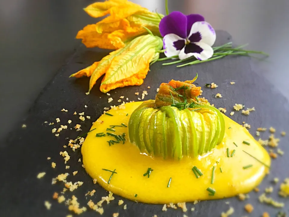 Snapdishの料理写真:Stuffed Courgette Flower with Parmesan Zabaglione dressing|laura giardinaさん