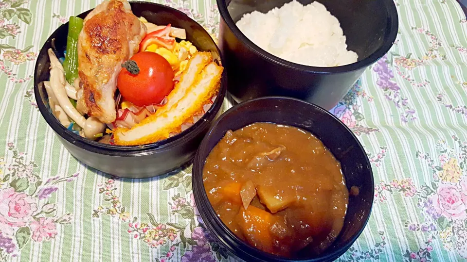 お弁当。かに玉としめじアスパラと手羽元とオニオンフライと昨日のカレー。|エリカさん