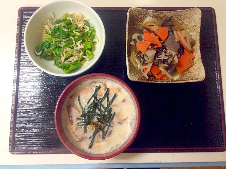 煮物、菜の花と桜えびあえ、豆乳豆腐|ちゃこさん