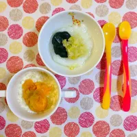 Snapdishの料理写真:ほうれん草と春キャベツ白菜のお粥、かぼちゃ豆腐|yocco-babyfoodさん